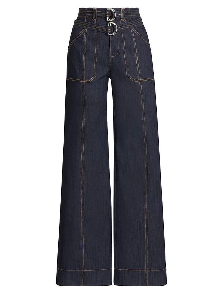 Kenji Denim Double-Belt Flared Pants