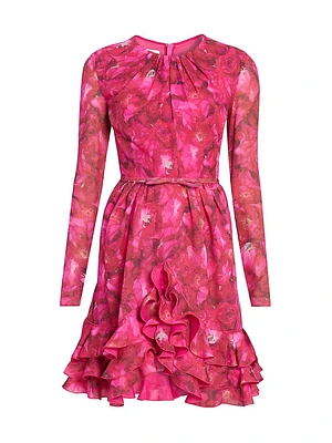 Floral Silk Long-Sleeve Minidress