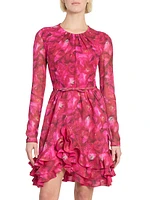 Floral Silk Long-Sleeve Minidress