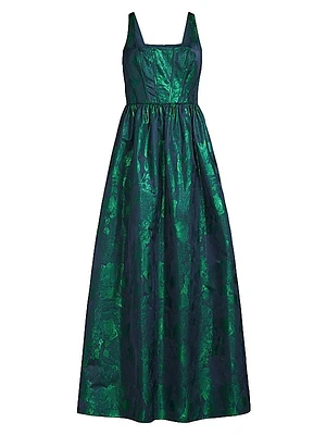 Abstract Jacquard Satin Maxi Gown