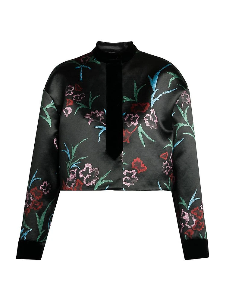 Floral-Embroidered Linen-Silk Blouse