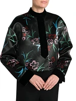 Floral-Embroidered Linen-Silk Blouse