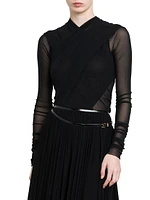 Sheer Tulle Wrap-Front Bodysuit