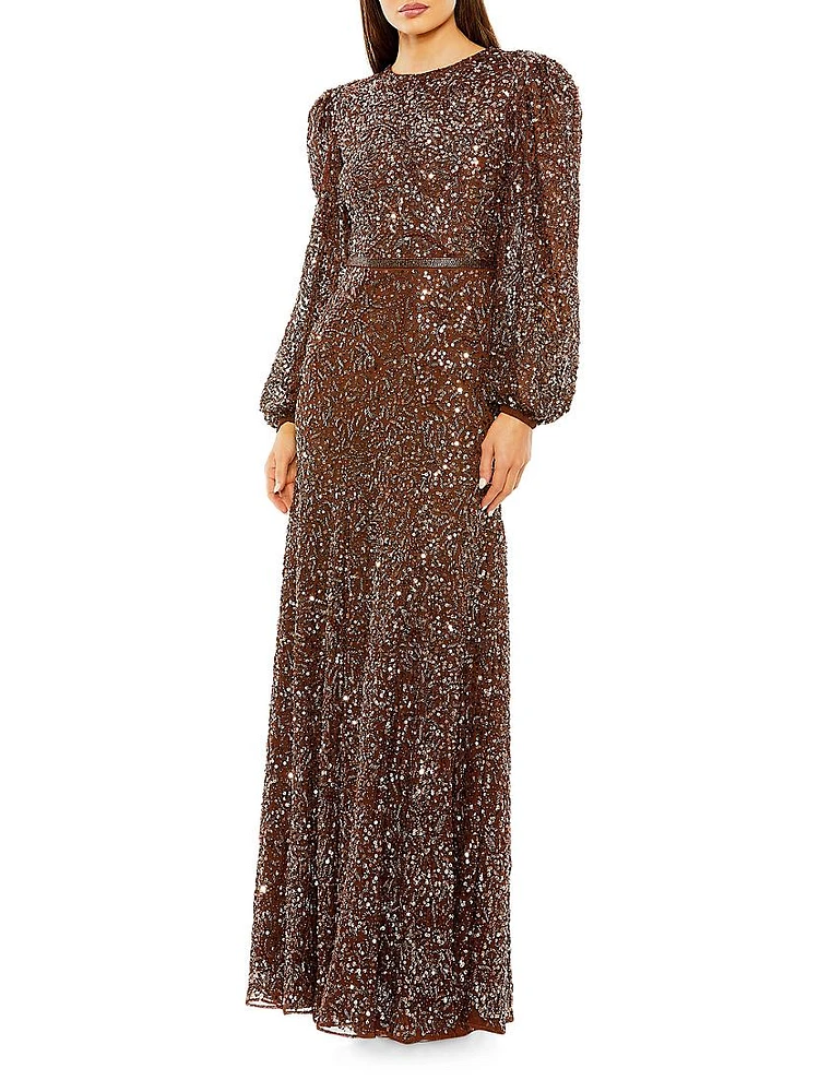 Embellished Bishop-Sleeve A-Line Gown