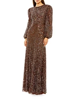 Embellished Bishop-Sleeve A-Line Gown