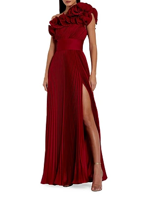 Pleated Charmeuse Ruffle One-Shoulder A-Line Gown