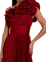 Pleated Charmeuse Ruffle One-Shoulder A-Line Gown