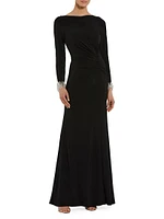 Seasonless Long Sleeve Jersey Gown With Beaded Cuffs