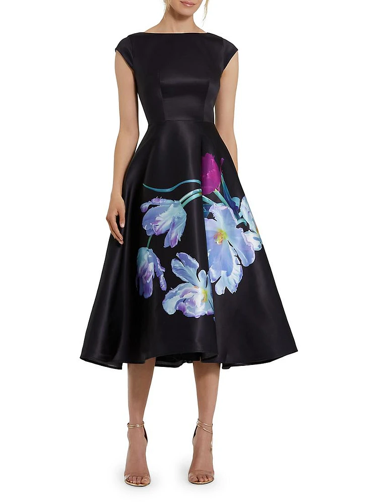 Satin Painted Floral Cocktail Dress