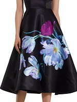 Satin Painted Floral Cocktail Dress