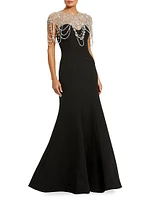 Beaded Cap-Sleeve Mermaid Gown