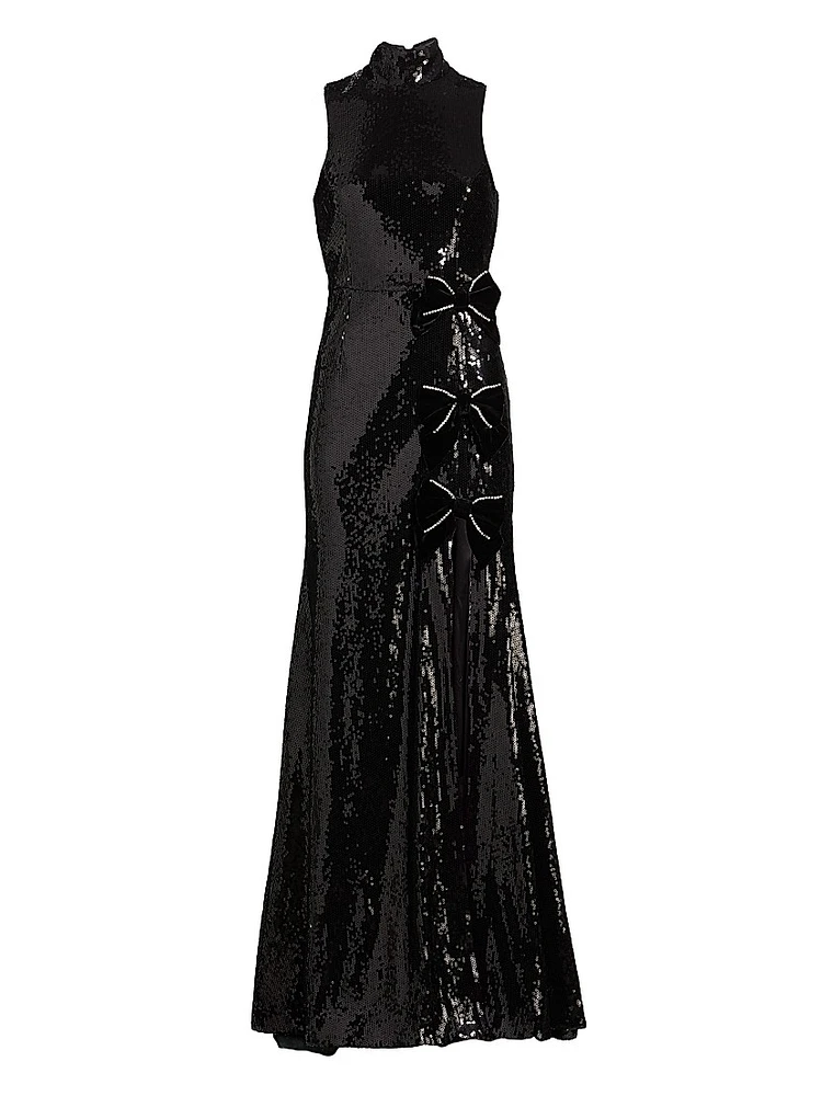 Lena Sequined Bow Halter Gown