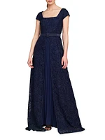 Claudia Lace-Chiffon Pleated Gown