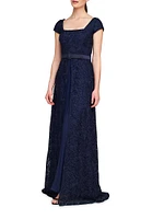 Claudia Lace-Chiffon Pleated Gown