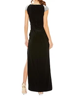 Beaded Cap-Sleeve Slit Gown