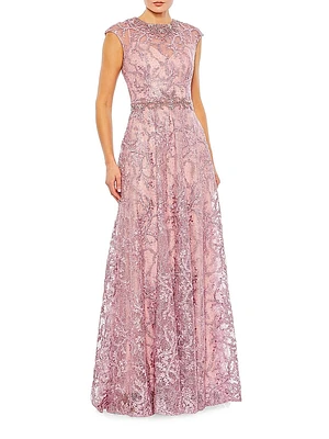 Embroidered Illusion Cap-Sleeve Gown