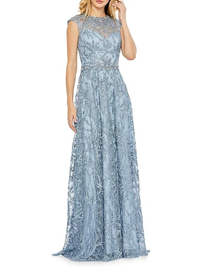 Embroidered Illusion Cap-Sleeve Gown