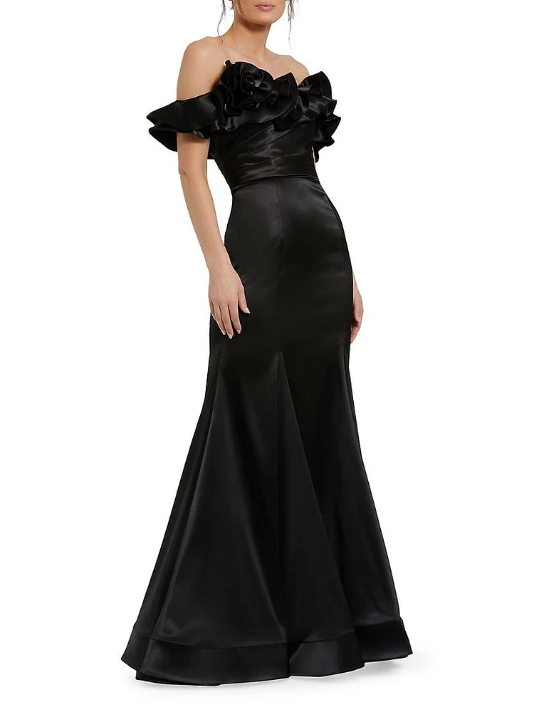 Satin Ruffled Off-The-Shoulder Mermaid Gown