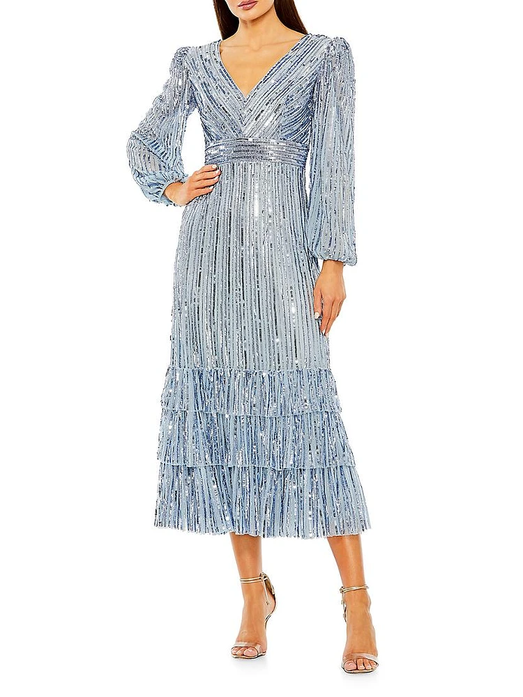 Sequin Blouson-Sleeve Ruffled Midi-Dress