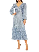 Sequin Blouson-Sleeve Ruffled Midi-Dress