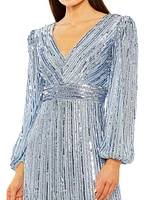 Sequin Blouson-Sleeve Ruffled Midi-Dress