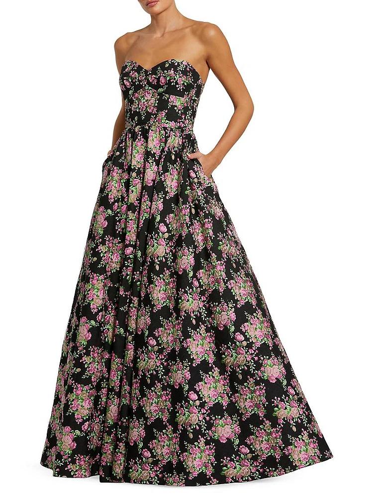 Floral Brocade Strapless Ballgown