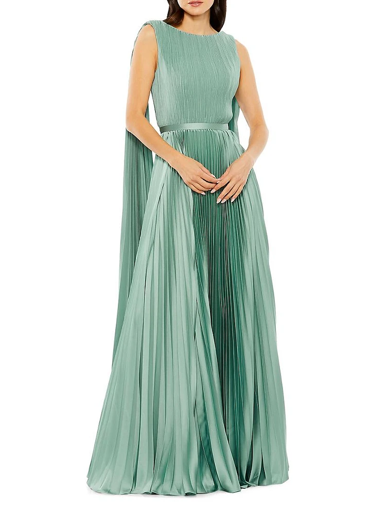 Pleated Charmeuse Cape A-Line Gown