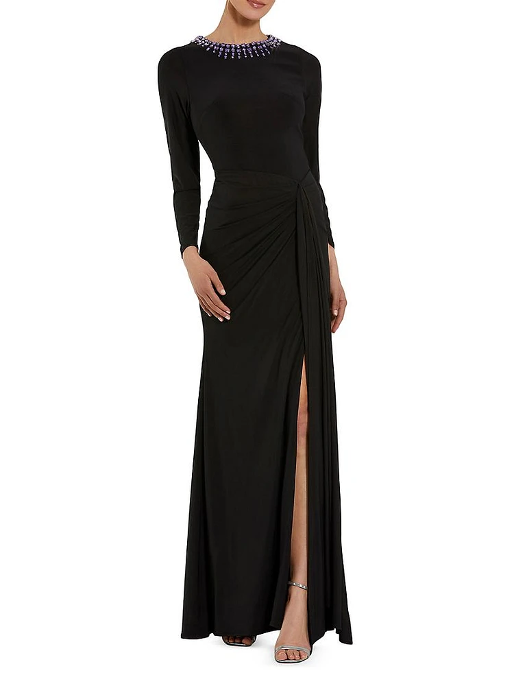 Jersey Beaded Neck Tie Slip Gown