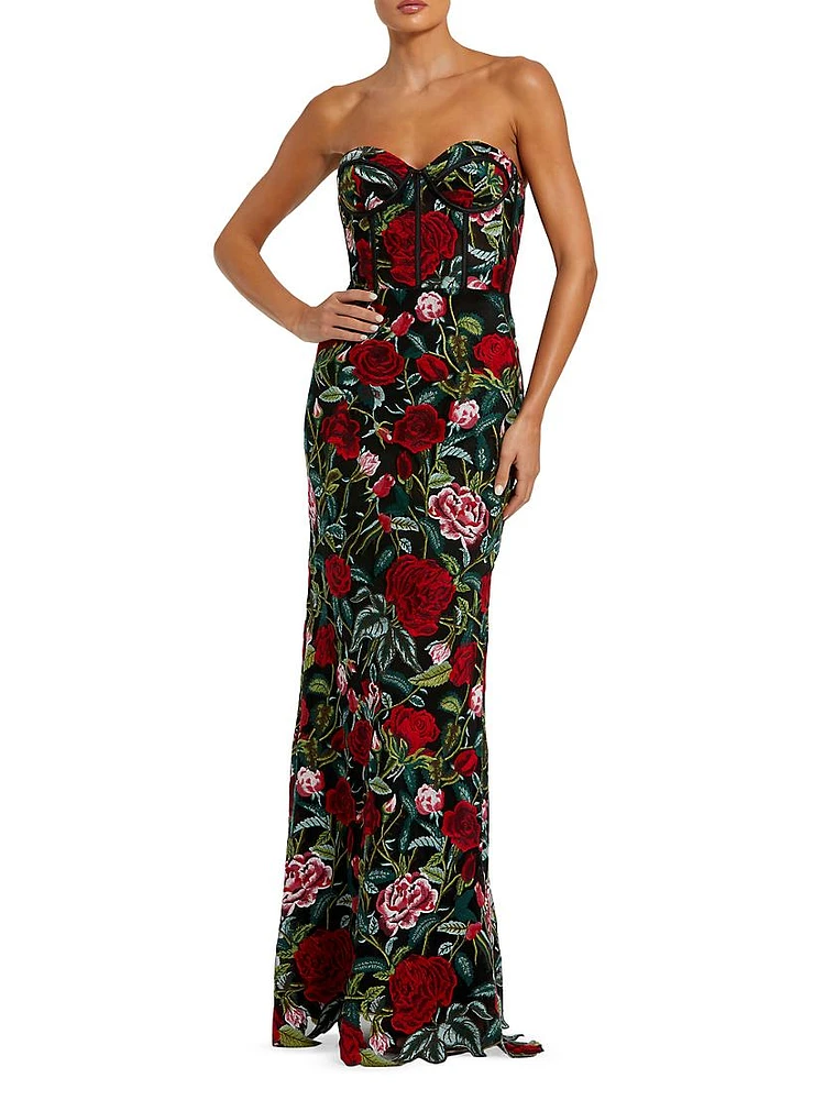 Floral Embroidered Bustier Column Gown