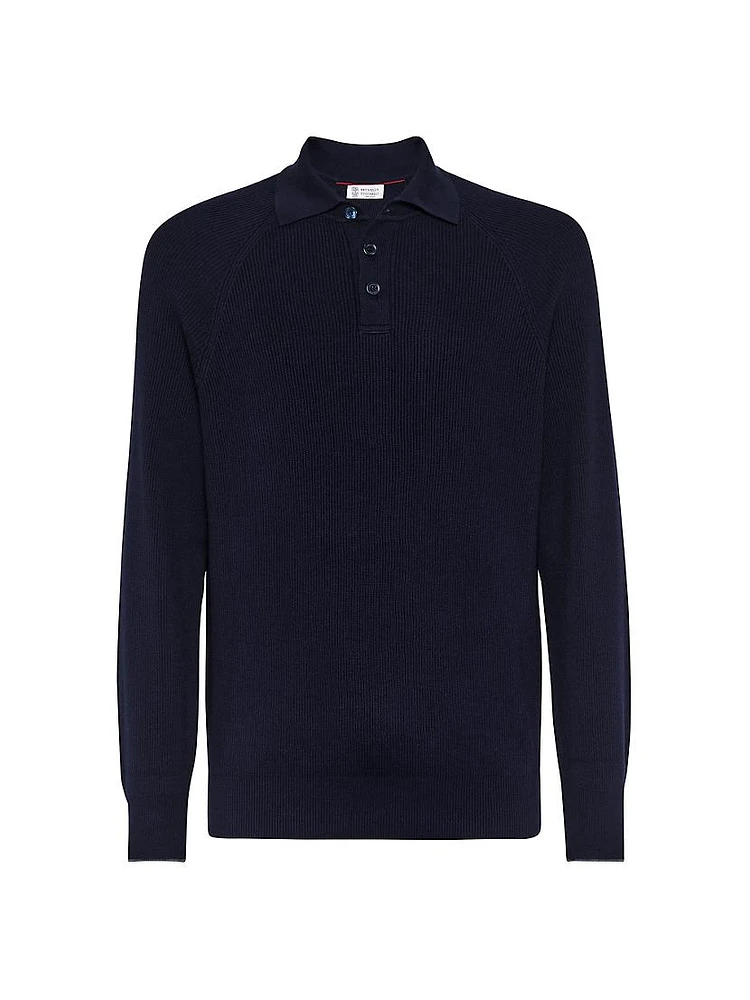 Cotton English Rib Knit Polo with Long Raglan Sleeves