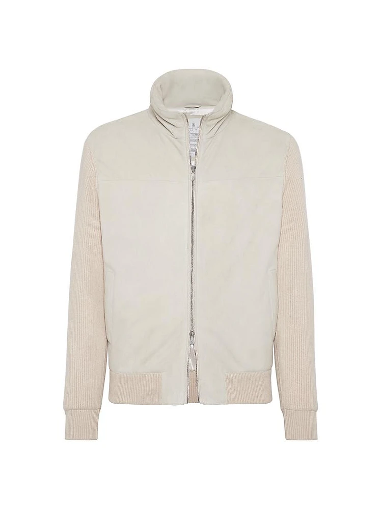 Suede Bomber Jacket with Cashmere Knit Sleeves