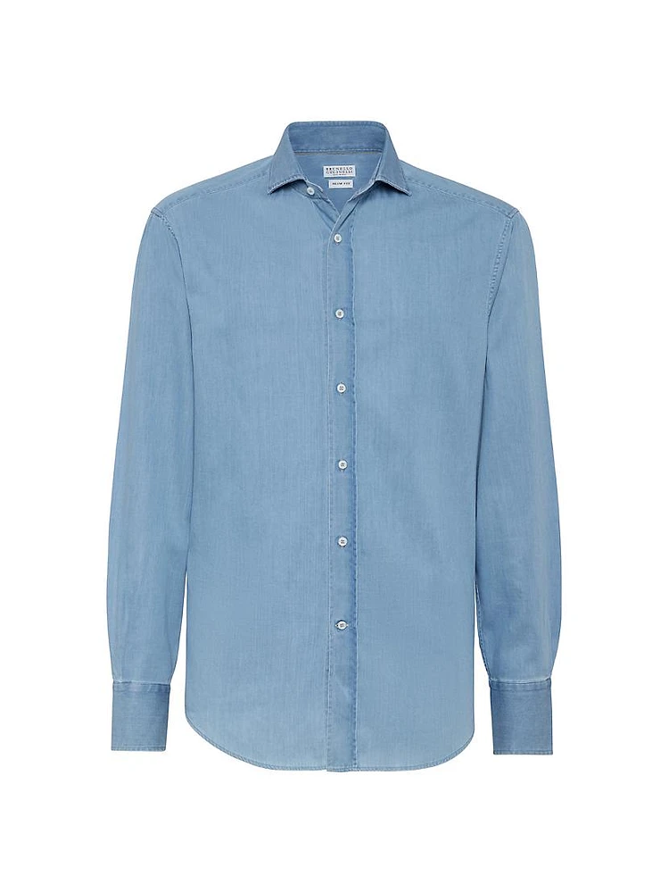 Lightweight Denim Slim Fit Shirt with Spread Collar