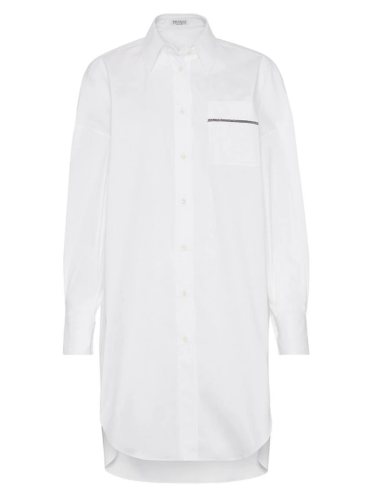 Stretch Cotton Poplin Long Shirt with Shiny Pocket Detail