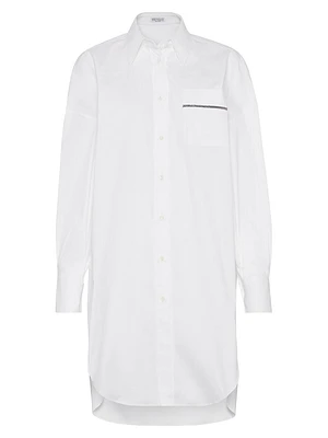 Stretch Cotton Poplin Long Shirt with Shiny Pocket Detail