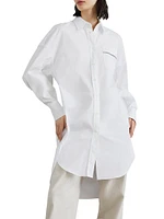 Stretch Cotton Poplin Long Shirt with Shiny Pocket Detail