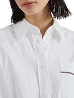 Stretch Cotton Poplin Long Shirt with Shiny Pocket Detail