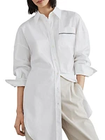 Stretch Cotton Poplin Long Shirt with Shiny Pocket Detail