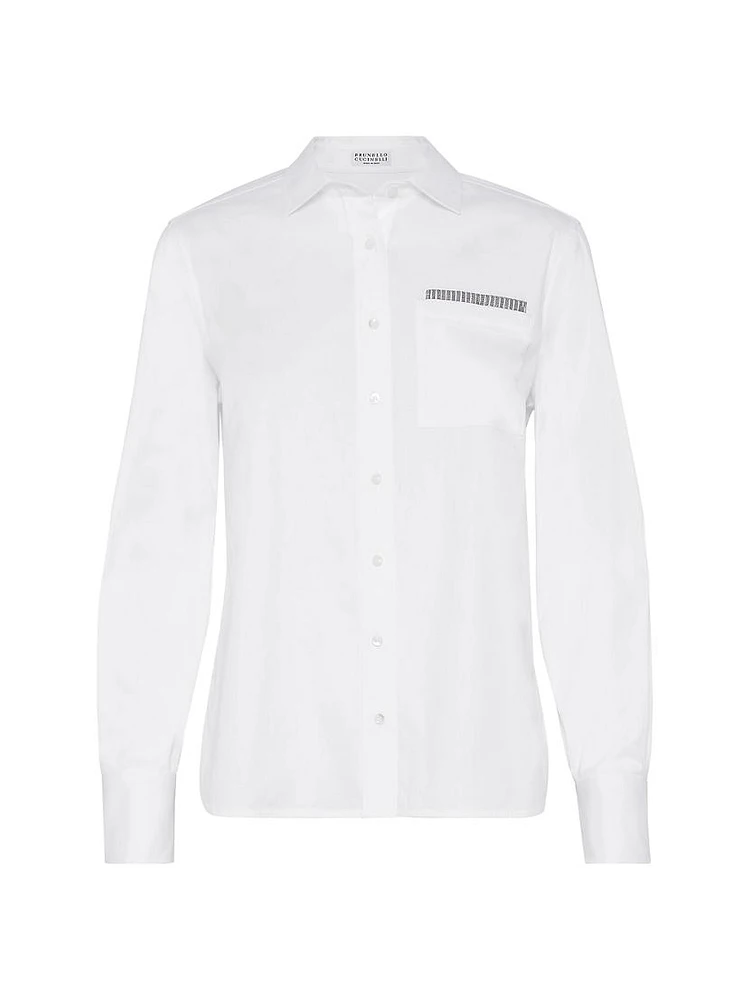 Stretch Cotton Poplin Shirt with Shiny Ribbed Detail