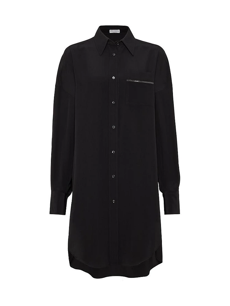 Silk Crepe De Chine Long Shirt with Shiny Pocket Detail