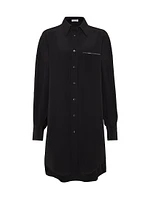 Silk Crepe De Chine Long Shirt with Shiny Pocket Detail