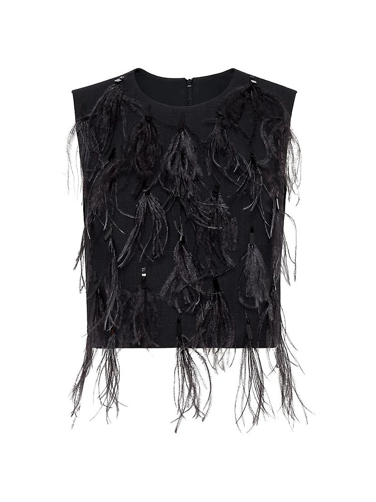 Tropical Luxury Wool Top with Dazzling Feather Embroidery