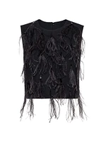 Tropical Luxury Wool Top with Dazzling Feather Embroidery