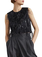 Tropical Luxury Wool Top with Dazzling Feather Embroidery