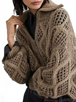 Cashmere Feather Yarn Dazzling Net and Cable Cardigan