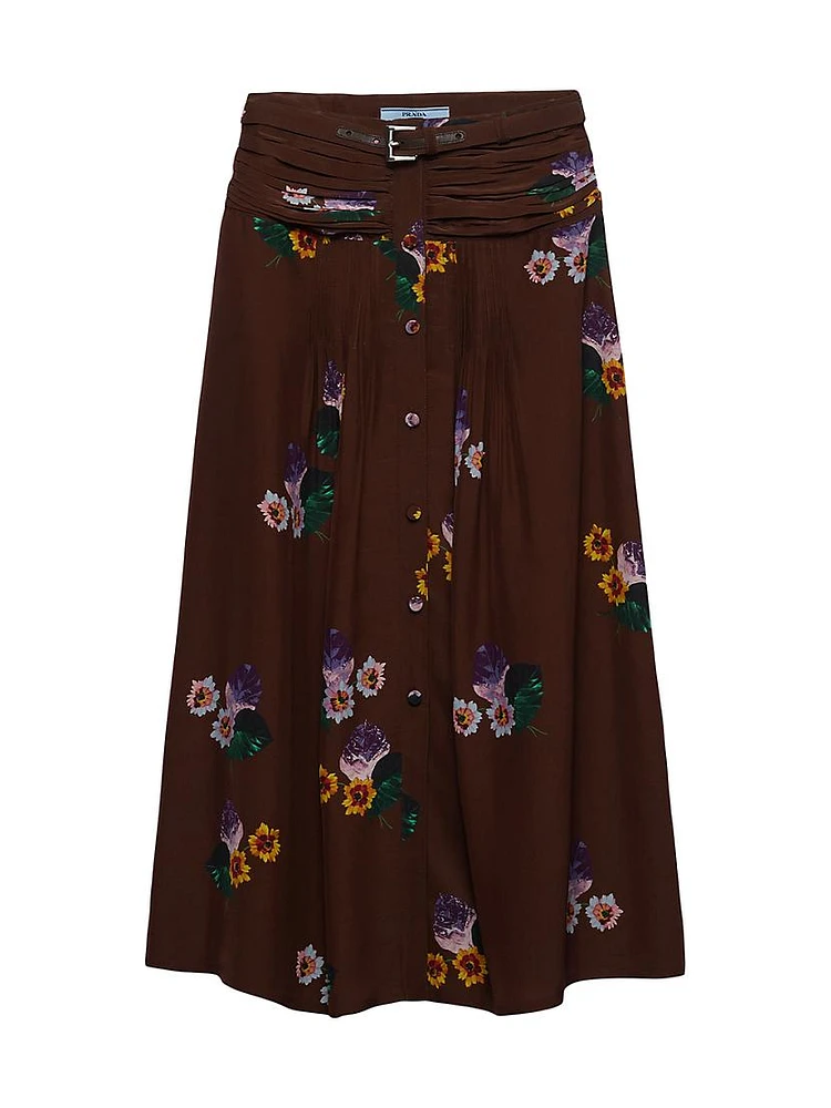 Printed Pongee Midi-Skirt