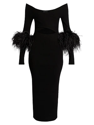 Feather-Cuff Fitted Cut-Out Midi-Dress