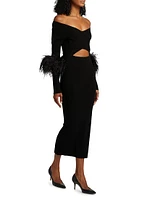 Feather-Cuff Fitted Cut-Out Midi-Dress