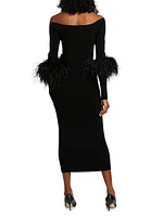 Feather-Cuff Fitted Cut-Out Midi-Dress