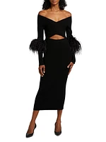 Feather-Cuff Fitted Cut-Out Midi-Dress