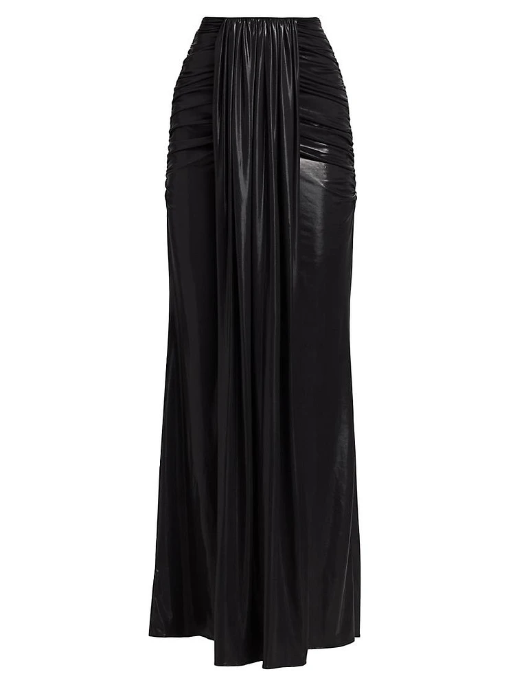 Coated Jersey Draped Maxi Skirt